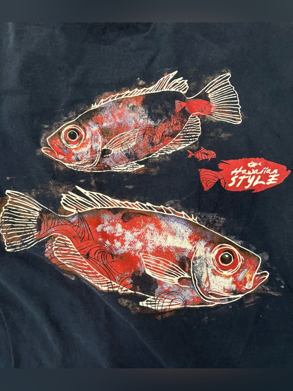 Hawaiian Style Fishing Gyotaku Y2K Navy blue t shirt Men's Large